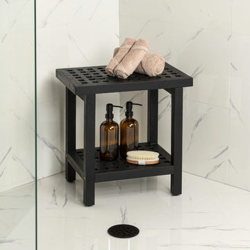 Armin 18.1" Modern Classic Grid Slat Solid Acacia Wood Indoor/Outdoor Shower Stool